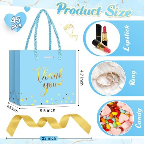 Jetec 45 Pcs Mini Thank You Gift Bag with Handle, Sky Blue/gold - Image 3