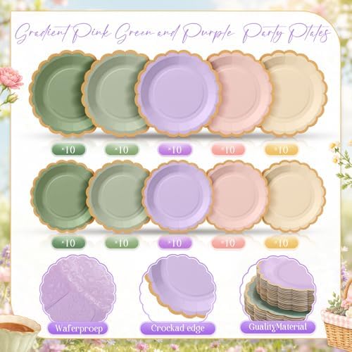 Zhehao 150 Pcs Pink Green Purple Paper Plates Napkins Serves 50 - Image 4