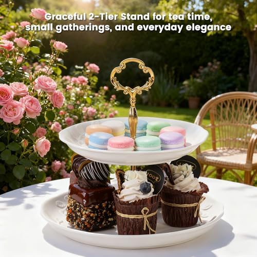 2PCS Cupcake Stand, 3 & 2 Tier Dessert Stands, Round Embossed Dessert Table Display Set White Porcelain Tiered Tray Cake Stand For Weddings,Birthday, Baby Shower And Home Decorating Serving Tray - Image 3