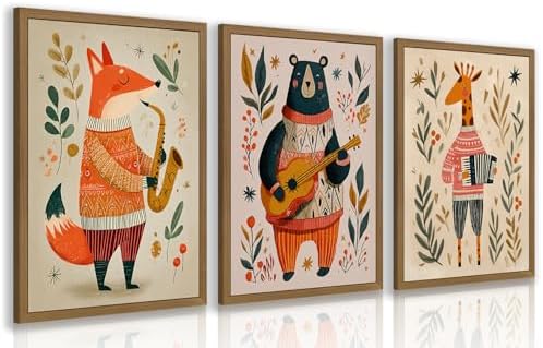 PORENY Woodland Animal Band Nursery Wall Art Set of 3, Fox Bear Giraffe Music Band Poster Print, Cute Forest Animal Kids Room Decor, Scandinavian Nursery Artwork for Playroom Wood Framed 12x16 Inch by Unknown