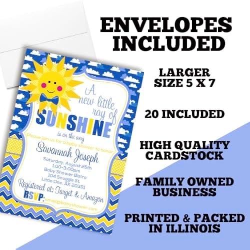 Custom Baby Shower Invites Boy Sunshine Baby Shower Invitation 20 5x7 Custom Personalized A Little Ray of Sunshine Shower Invites With Envelopes - Unique Sunshine Theme - Image 6