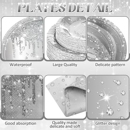 Funnymoom 452 Pcs Silver Birthday Party Decorations Include Diamonds Silver Glitter Paper Plates and Napkins Cups Tablecloth Cutlery Straws Disposable Tableware Set for Birthday Supplies - Image 3