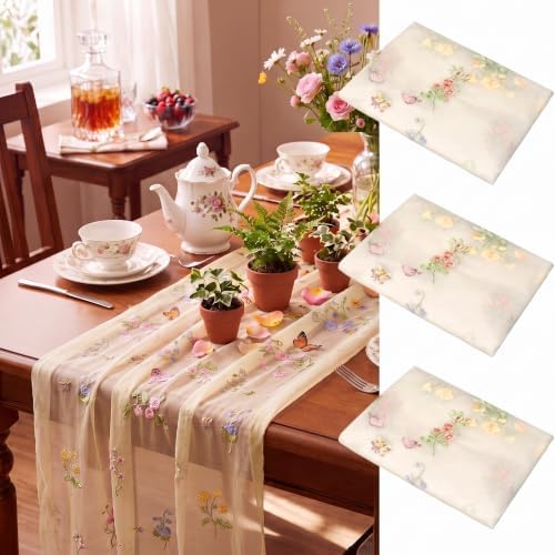 Lounsweer 3 Pcs Apricot Wildflower Table Runner 10ft Embroidery Tulle by Lounsweer