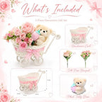 ZOCONE 3 Pack Wicker Baby Carriage Centerpiece with Strawberry Bear, Artificial Rose & Peony Flower Bouquet, Baby Shower Centerpieces for Tables, Gender Reveal, Wedding, Birthday Party Decor - Image 2
