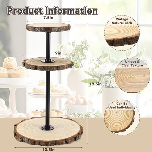 Chunful Rustic 3 Tier Round Natural Wood Cupcake Dessert Stand, Cup Cake Tower Stand Holder, Wooden Cake Display Tiered Centerpiece for Party, Birthday, Wedding, Baby Shower, Holiday Decoration - Image 2