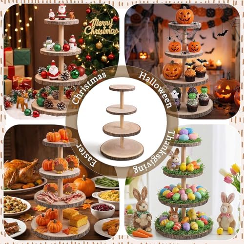 4 Tier Wooden Cupcake Tower, Wood Cupcake Stand, Tiered Dessert Stands, Large Rustic Cupcakes Display Holder Stand, for Woodland Baby Shower Decoration Wedding Birthday Tea Party Farmhouse Decor - Image 7