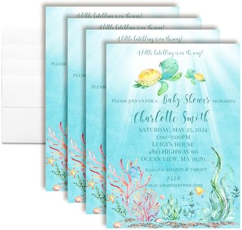 Amanda Creation Custom Baby Shower Invites Watercolor Turtle Baby Shower Invitations 30 Pack 5x7 Personalized Sea Turtle Watercolor Invites With Thirty Envelopes by AmandaCreation