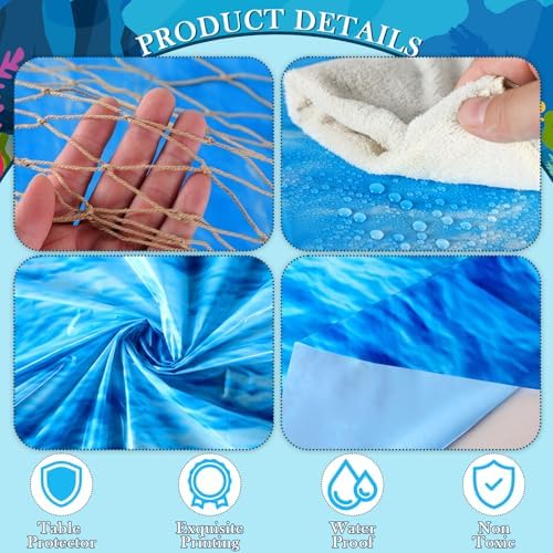 Oudain 12 Pcs Ocean Waves Plastic Round Tablecloth 84 Inch with Fish Net Ocean Waterproof Water Under The Sea Theme Table Cover for Mermaid, Baby Shower, Birthday Party (Blue) - Image 2