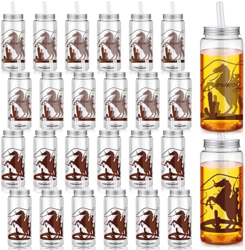 SiliFine 24 Pcs Western Party Favors Cowboy Cups with Straws and Lids by SiliFine