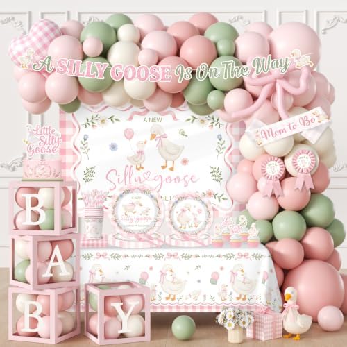 Silly Goose Baby Shower Decorations, All-in-one Silly Goose Birthday Decorations with Backdrop Plates Napkins Banner Silly Goose Balloon Arch, for Goose Baby Shower by Unknown