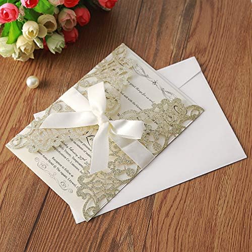 Hosmsua 20PCS Glitter Laser Cut Flora Wedding Invitation with Ribbons and Envelopes 5.12 x 7.3'' Laser Cut Invitation for Wedding Bridal Shower Engagement Sweet 16 Birthday (Champagne Glitter) - Image 2