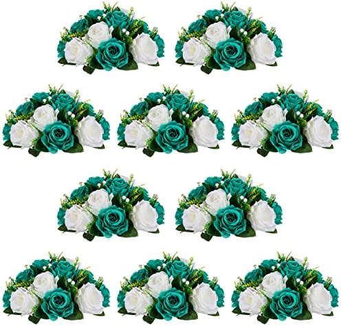 NUPTIO Flower Wedding Centrepieces for Tables - 10 Pcs 9.5in Diameter Teal & White Artificial Flowers Rose Ball for Centerpieces Table - Fake Rose Arrangements for Weddings Birthday Party Decorations by Nuptio