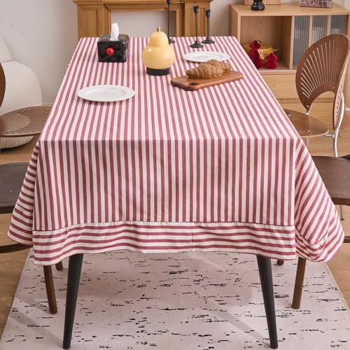 vctops Farmhouse Red Stripe Ruffle Table Cloth, Boho Cotton Linen Tablecloth, Washable Table Cover for Rectangle Table Baby Shower Kitchen Party Wedding Decor (Red B,70"x102") by vctops