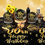 Funnymoom 452 Pcs 60th Birthday Party Decoration Supplies Black and Gold 60th Birthday Paper Plates and Napkins Cups Tablecloth Cutlery Straws Disposable Tableware for Cheers to 60 Years Anniversary - Image 4