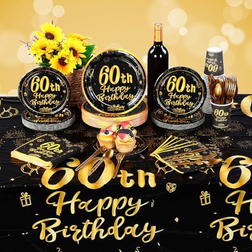 Funnymoom 452 Pcs 60th Birthday Party Decoration Supplies Black and Gold 60th Birthday Paper Plates and Napkins Cups Tablecloth Cutlery Straws Disposable Tableware for Cheers to 60 Years Anniversary - Image 4