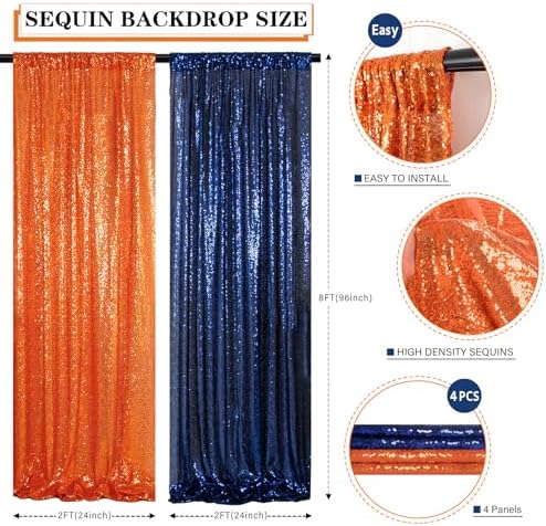 ShinyBeauty Orange Navy Blue Sequin Backdrop 4 Panels 2FTx8FT Glitter Background Sparkle Curtains Wedding Backdrops Birthday Backdrops for Photography Background - Image 6