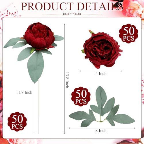 50Pcs Peonies Artificial Flowers Bulk, 4’’ Burgundy - Image 2