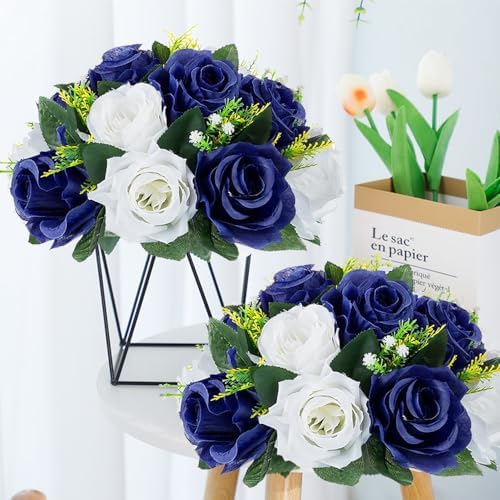 10Pcs Artificial Rose Balls for Centerpieces (Navy Blue & White) - Image 4