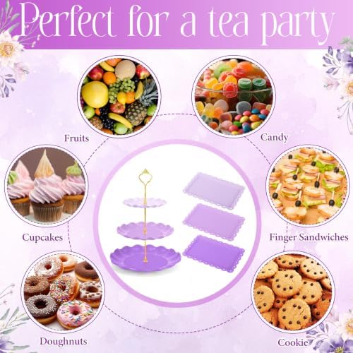 FoldTier 6 Pack Cupcake Stand Set 3 Pcs 3 Tier Gradient Dessert Table Display Stands Cookie Tray Rack 3 X14 in Rectangle Party Trays for Wedding Birthday Tea Party Baby Shower(Purple,Round) - Image 7
