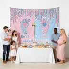 What Will Baby Be? Gender Reveal Backdrop Banner Size 10x8 Ft Pink & Blue Glitter Baby Footprint Design Durable Polyester Photo Booth Background for Boy or Girl Gender Reveal Decorations - Image 3