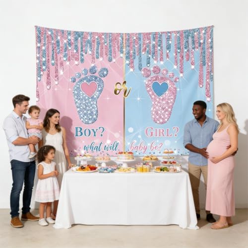 What Will Baby Be? Gender Reveal Backdrop Banner Size 10x8 Ft Pink & Blue Glitter Baby Footprint Design Durable Polyester Photo Booth Background for Boy or Girl Gender Reveal Decorations - Image 3