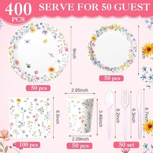 Pickmesh 400 Pcs Wildflower Party Supplies Paper Plates Napkins Serve 50 - Image 2