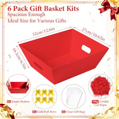 EVELOMO 6 Pack Empty Gift Baskets to Fill - 12" x 10" Large Baskets for Gifts Empty, Sturdy DIY Gifts Baskets Sets with 500g Crinkle Cut Papers for Birthdays Weddings Parties and Holidays (Red) - Image 3