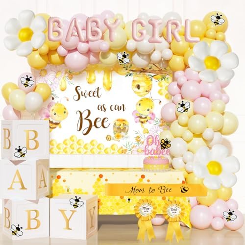 Bee Baby Shower Decorations for Girl – 126PCs Honey Bee Themed Party Supplies Set with Sweet as can Bee Backdrop, Pink Yellow Balloon Garland Kit, Tablecloth, Sash, Badges by Fiesec