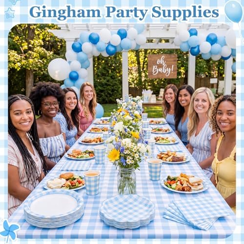 Funnymoom 250 Pcs Blue Gingham Paper Plates and Napkins Party Supplies - Image 4