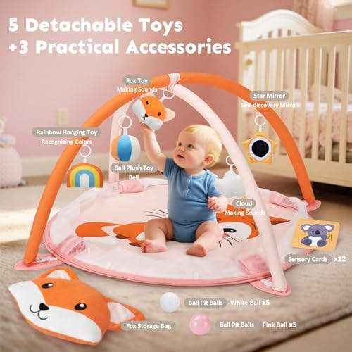 7-in-1 XL Large Baby Play Gym Mat, Tummy Time Mat, Baby Gym & Ball Pit, Baby Activity Mat with Milestone Cards & 6 Detachable Toys for Sensory Motor Skill, Fox - Image 3
