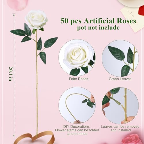 HyeFlora 50 PCS Ivory Roses Artificial Flowers, Fake Roses with Stem Realistic Silk Roses for DIY Wedding Bouquets Tables Centerpieces Arrangements Baby Shower Party Birthday Home Decor for Her - Image 5