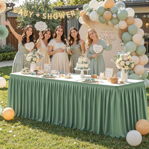 Partisky Sage Green Polyester Table Skirt for Rectangle Tables 14ft, Wrinkle Resistant Pleated Ruffle Table Cloth for Wedding Baby Shower - Image 2