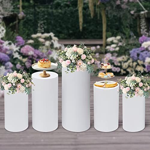 LOYALHEARTDY Round Cylinder Pedestal Stands 5PCS White Metal Pedestal Decor Backdrop Dessert Table Pillars for Party Birthday Wedding Props Baby Shower Party Event Decoration - Image 4