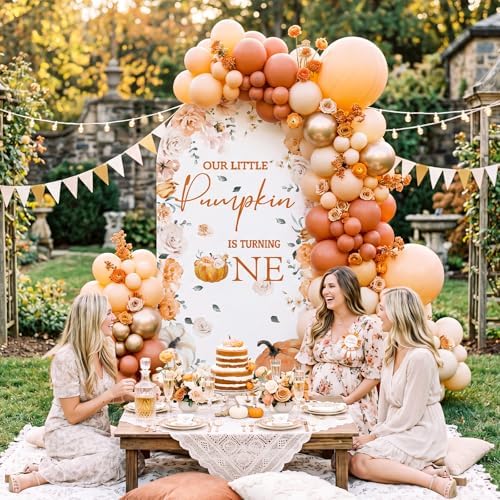 Tegeme 7.2ft Our Little Pumpkin is Turning One Arch Backdrop Cover 1st Birthday Baby Shower Decoration Large Orange Floral Pumpkin Backdrop for First Birthday Party Supply Photo Background Decoration - Image 5