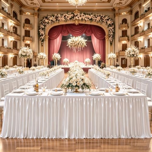 21ft Length Satin White Table Skirt Rectangle Tables Wrinkle Resistant Ruffle Table Skirting Glitter Teacher Desk Cover Skirt for School Classroom Dorm Wedding Birthday Party Trade Show Decorations by Partisky