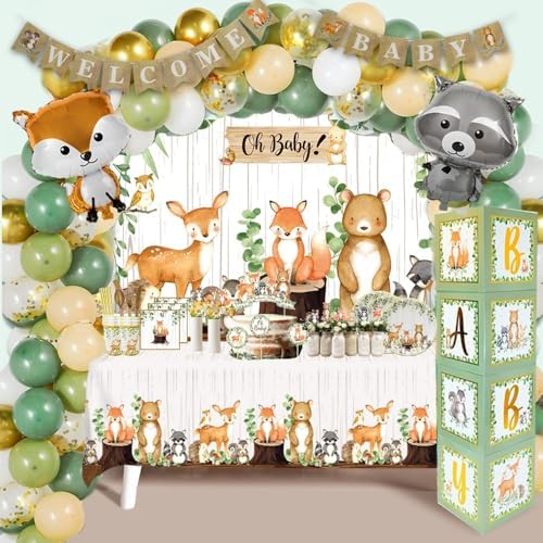 MEGA 257 Pc Woodland Baby Shower Decorations Boy & Girl Kit, Forest Animal Theme, Gender Neutral Baby Shower Decor, BABY boxes, Backdrop, Banner, Balloon Garland, Tablecloth, Plates Cups -20 Guests by RegalDecorations