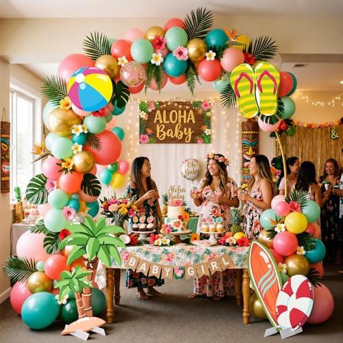 4 Pcs Large Summer Party Decorations, Hawaiian Yard Signs with Stakes Flip Flops Beach Ball Surfboard Palm Tree Cardboard Cutouts for Tropical Birthday Baby Shower Indoor Outdoor Photo Prop - Image 6