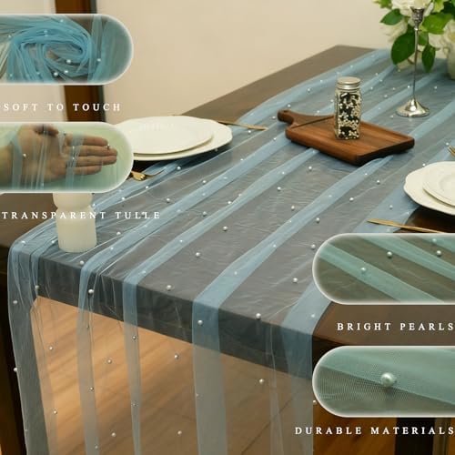 Set Of 6 Pearl Table Runner 10ft, 29 X 120 Inch Light Blue Tulle Table Cover, Pearl Sheer Table Runner For Wedding Party Baby Shower Birthday Home Decor - Image 5