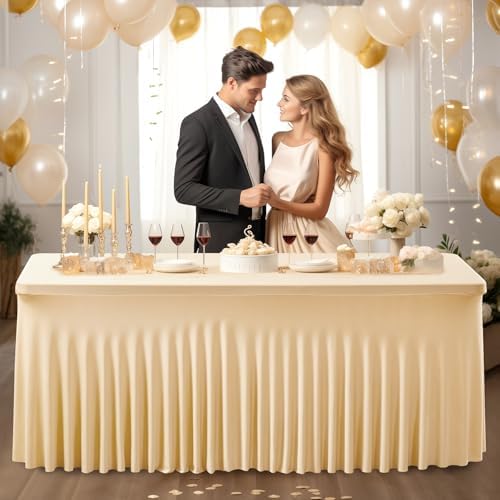 PARTISKY Champagne Spandex Tablecloth for 8ft Rectangle Tables, Stretchable Table Cover Skirt for Folding Tables Weddings Parties Banquets Events Trade Shows and Dessert Table by Partisky