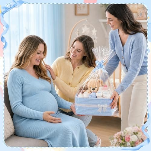 10 Pack Blue Gift Baskets Empty Woven, Cotton Rope Small Basket with Handles, Baby Boy Shower Nursery Organizer, Father's Day Graduation Includes Clear Bags and Bows - Image 6
