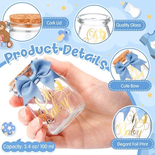 Funnymoom 24 Sets Baby Shower Bottles Favors for Guests Glass 100 ml Milk Jar with Ribbons and Stickers Decorations for Gender Reveal Newborn Centerpiece Party Favor(Dusty Blue,Baby) - Image 4