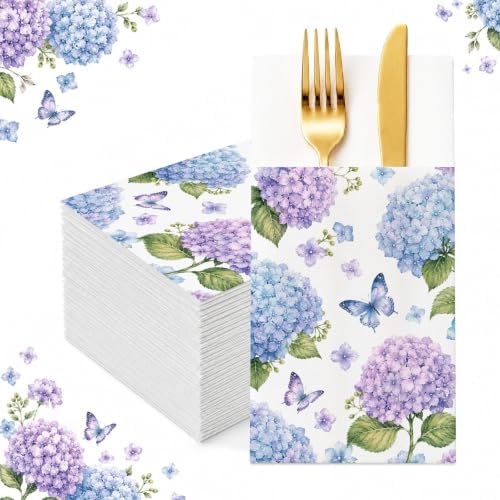 Hydrangea Linen Feel Pocket Napkins for Wedding Bridal Shower Supplies by Fouliki