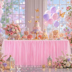 21FT Long Pink Tulle Table Skirt for Rectangle Round Tables 3-Layer Ruffle Desk Teacher Skirt for Back to School Supplies Princess Girls Birthday Party Cake Dessert Classroom Dorm Decor - Image 2