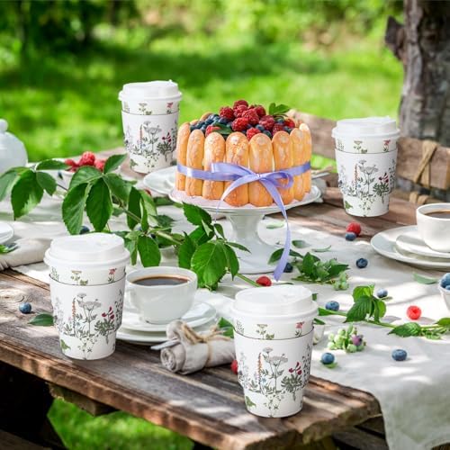 Vesici 60pcs 14oz Wildflower Botanical Coffee Cups with Lids and Sleeves Cute Toilet Floral Herb Disposable Coffee Cups Cocoa to Go Paper Cup for Summer Birthday Wedding Bridal Shower Party Supplies - Image 6