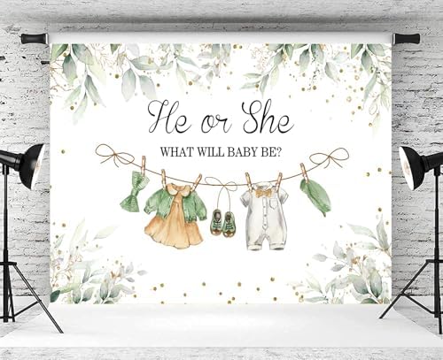 10x6.5ft Greenery Gender Reveal Backdrop Boy or Girl Clothes Photography Background Green Eucalyptus Leaves Gender Reveal Party Decorations Cake Table Banner Photo Studio Props - Image 3