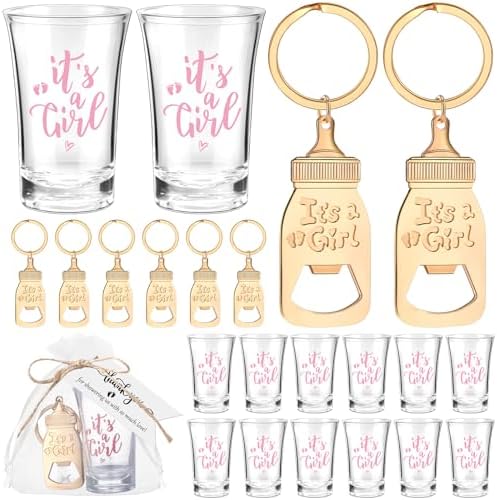 Vesici 20 Set Baby Shower Favors for Guests It's a Girl Acrylic Shot Glasses Gold Bottle Opener Keychains Thank You Tags and Bags for Baby Shower Party Gender Reveal Party Guests Return Gift by Vesici