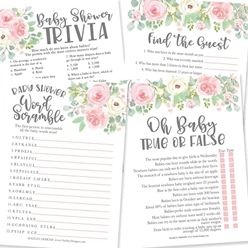 Hadley Designs - 25 Floral Word Scramble For Baby Shower, 25 Trivia Game, 25 Find The Guest - 4 Double Sided Cards Baby Shower Ideas, Gender Reveal Games by HadleyDesigns