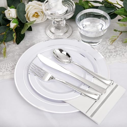 NOCCUR 700PCS Silver Plastic Plates Disposable for 100 Guests - Include 100 Dinner/Dessert White Plastic Plates with Silver Trim,300 Cutlery,100 Cups,100 Napkins for Party&Wedding - Image 5