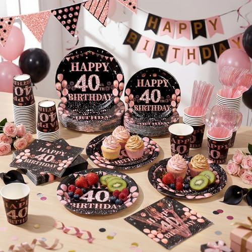 Pickmesh 400 Pcs 40th Birthday Party Supplies, Black Pink Tableware Set - Image 4