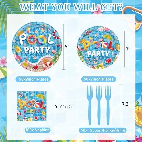 250 Pcs Summer Pool Plates and Napkins, 50 Guests Disposable Pool Party Dinnerware Swimming Beach Ball Tableware Set for Birthday Hawaii Holiday Picnic Party Supplies - Image 2